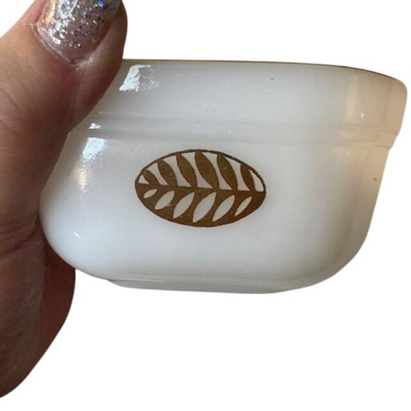 Fire-King Milk Glass Dish With Gold Leaf Design & Gold Rim - Picture 4 of 5
